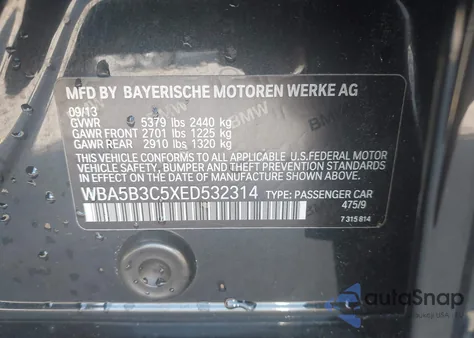 2014 BMW 535I xDrive from USA, damaged, VIN WBA5B3C5XED532314